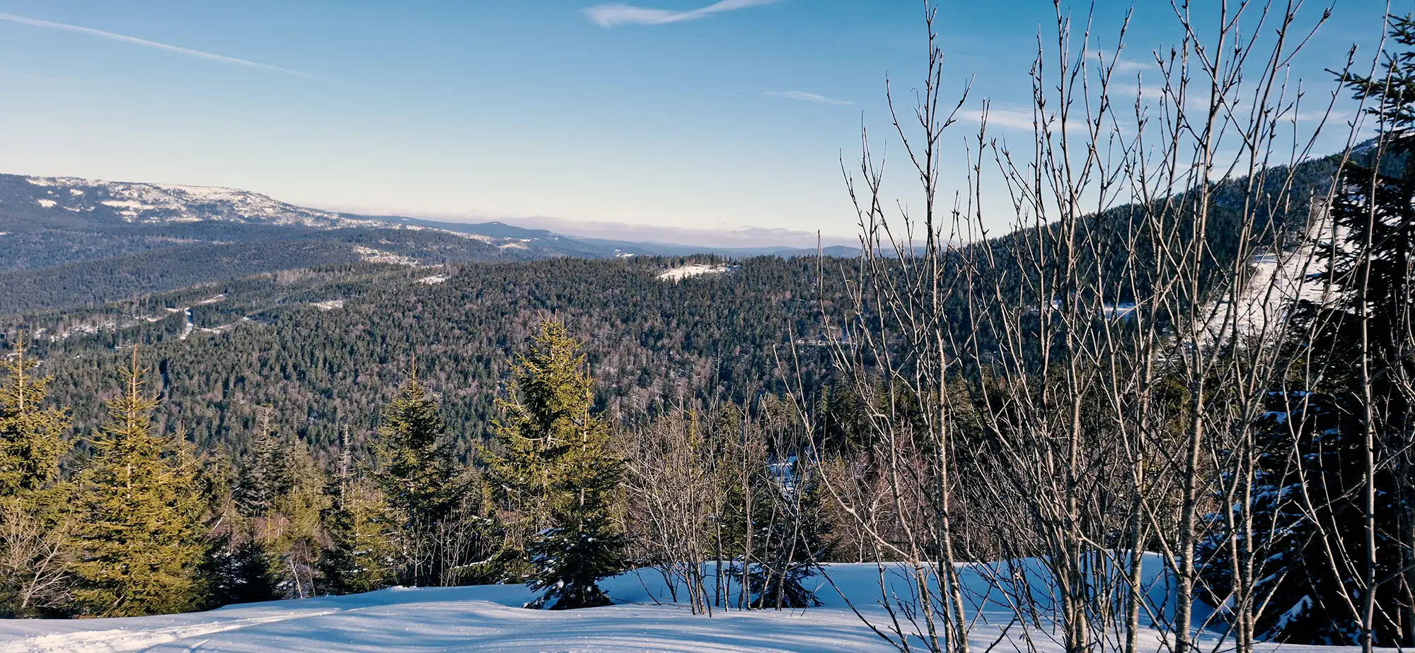 Ausblick auf die winterliche Landschaft mit Bergrücken und Wäldern auf dem Weg zur Chamer Hütte im Sonnenschein.