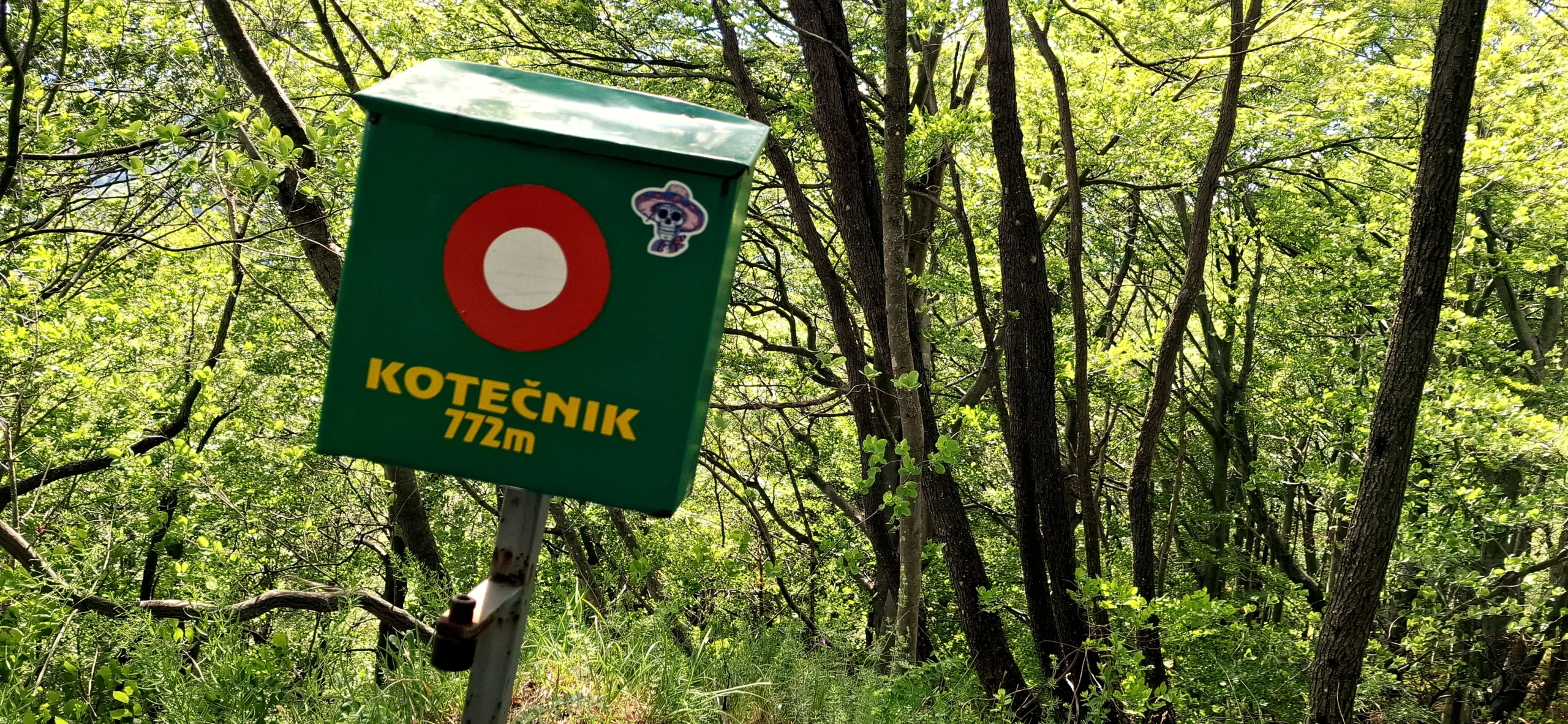 Im Wald steht ein Kasten, der das Gipfelbuch enthält.
